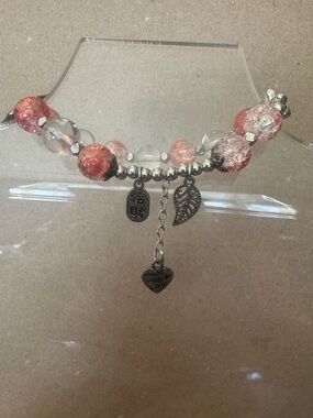 Handmade Pink Beaded Charm Bracelet with Heart & Leaf Charms